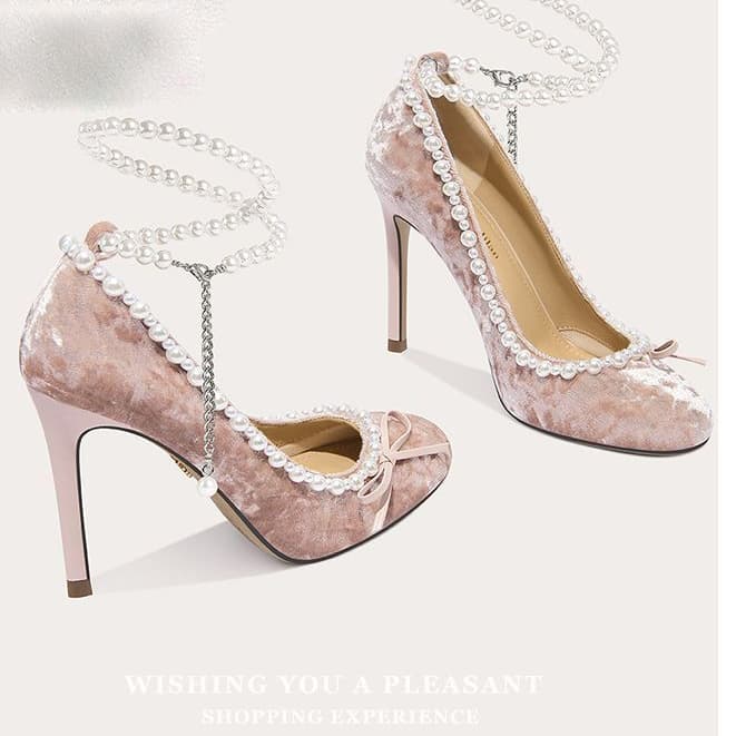 Mới Ngọc Trai Pháp Da Lộn Nữ Sườn Xám Mary Hồng Ngọc Trai Dây Giày Cao Gót Nhẹ nhàng Tính Khí Bàn Đạp Giày