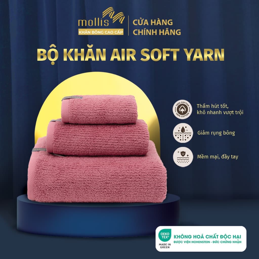 Khăn tắm, khăn gội/mặt Mollis cao cấp sợi Air Soft Yarn ít rụng bông, thấm hút tốt khô nhanh vượt trội cho người lớn