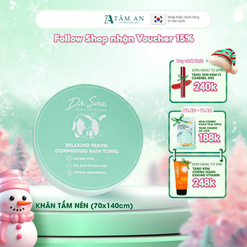 Khăn tắm nén cotton tiệt trùng UV mềm mịn an toàn với mọi làn da DR.SERA COMPRESSED TOWEL